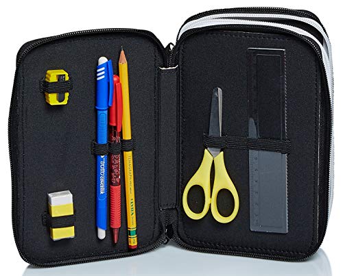 Seven Juventus Federmäppchen, Federtasche für Schreibwaren, Etui komplett mit Bleistiften, Filzstiften, Schulmaterial, mit 3 Fächern, Mädchen, Schule - Grundschule, XXL Fußball schwarz weiß