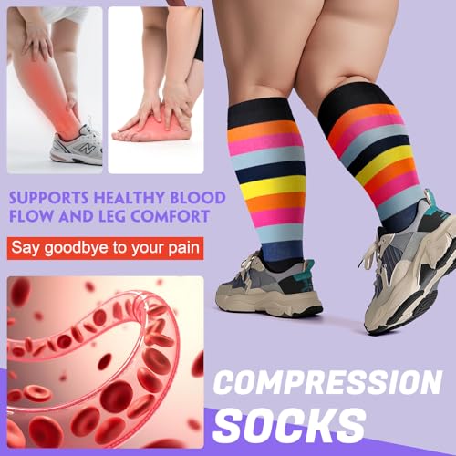 Image of 4 Pairs Plus Size Compression Socks,Extra Wide Calf 20-30 mmHg Knee High Compression Socks for Men Women Circulation