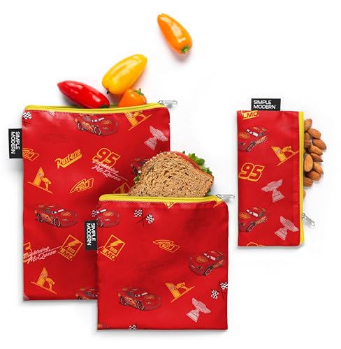 Image of Simple Modern Disney Reusable Snack Bags for Kids, Girls, Boys | Food Safe, BPA & Phthalate Free Zip Pouches | Washable & Refillable Sandwich Bag | Ellie Collection | 3 pack | Cars Lightning Speed