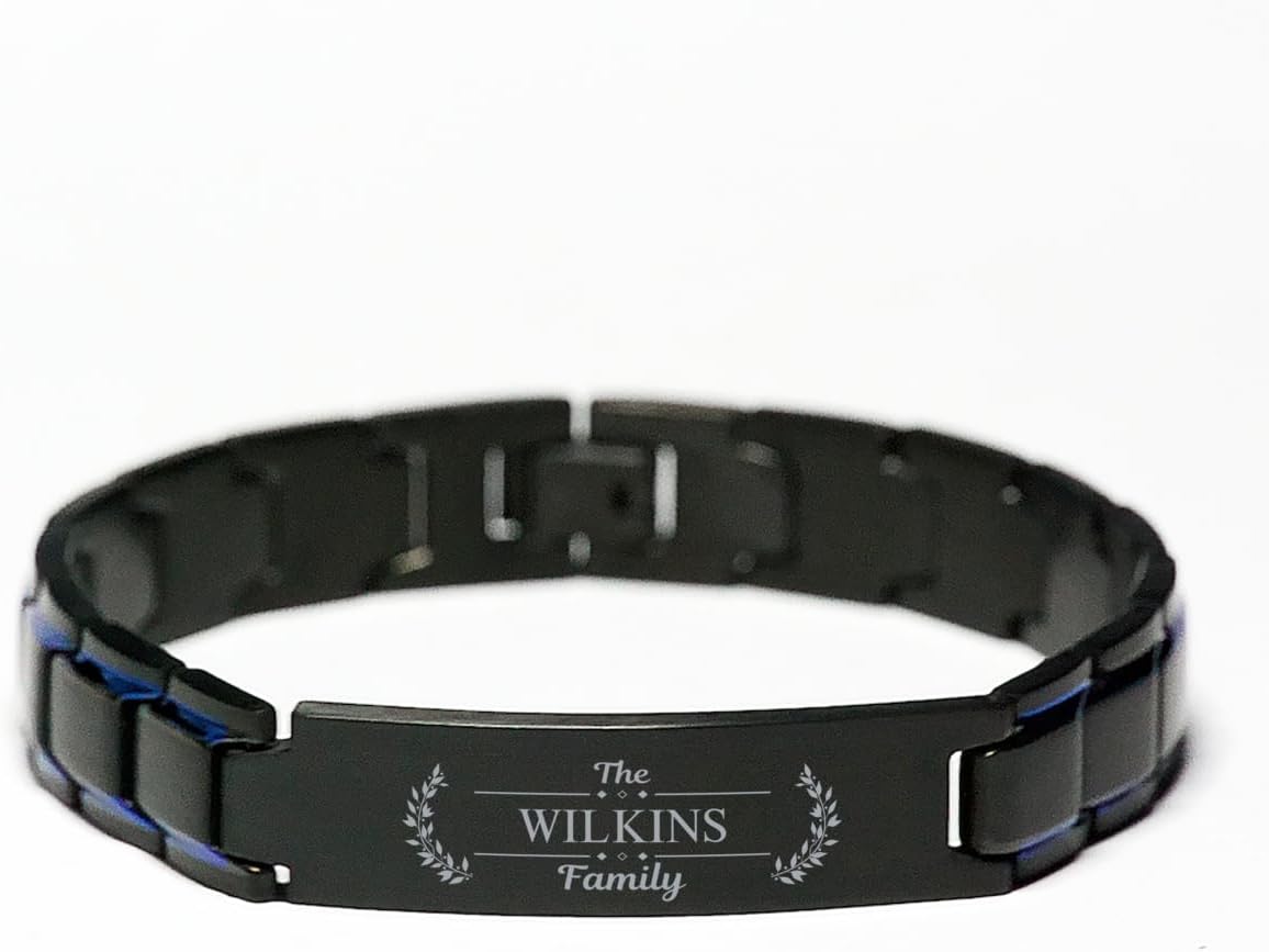 Wilkins Family Name Sign Blue Black Metal Bracelet - Custom ID Plate Last Name Bracelet Birthday Idea for Friends Men Women, Engraved Adjustable