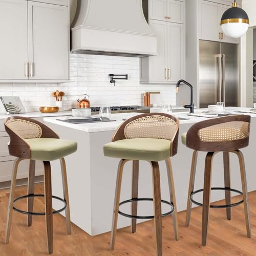 Image of 30 inch Swivel Rattan Bar Stools Set of 3 Mid-Century Modern Faux Leather Upholstered Bar Height Stools Kitchen Island Barstool with Rattan Low Backrest,Walnut Wood Finish Bar Chairs,Green PU
