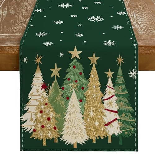 GEEORY Christmas Table Runner 13x72 Inch, Xmas Trees Snowflakes Holiday