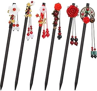 6 Pieces Chinese Wood Hair Sticks Japanese Vintage Tassel Hair Chopsticks Retro Flower Hairpins Handmade Wooden Hair Pins Classic Hair Accessories for Women Girls Long Curly Hair