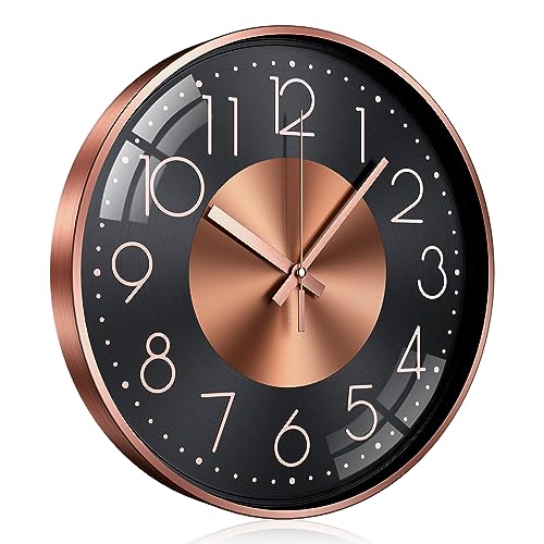 Wall Clock 30.48cm Silent Non Ticking Clock Modern Wall Clocks Battery Operated for Living Room, Aluminium Round Decorative Clocks for Bedroom Kitchen Office Home Decor(Rose Gold Number)