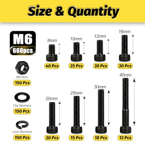 Image of Kadrick M6 Screw Assortment Kit 660PCS,M6x8mm-40mm Bolts with Nuts,Washers & Hex Wrench, Class 12.9 Socket Head Cap M6 Screws, Black Zinc Plated, for DIY, Industrial & Mechanical Use