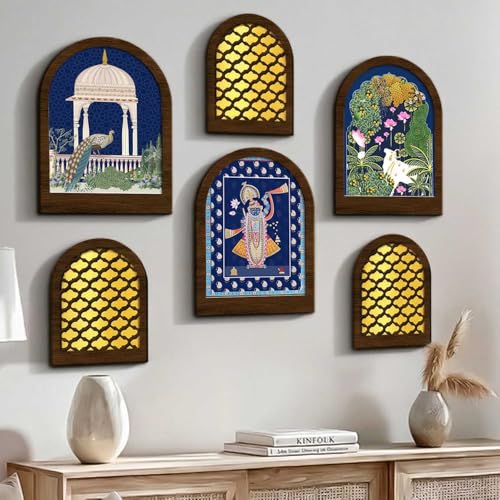Image of MDF Jharokha Wall Mirror for Home Decor | Traditional Decorative Wall Hanging Jharokha Mirror | Premium Mirrors for Living Room Bedroom Set of 6 (9x12 inch & 7.5x9.5 inch)