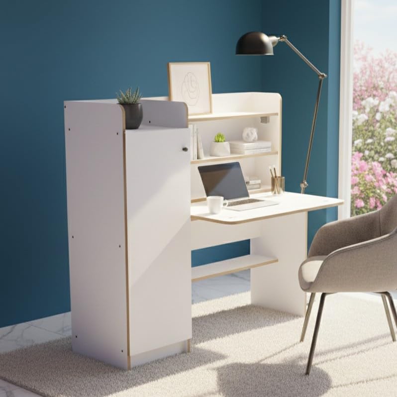 Image of NEUDOT Vision Engineered Wood Study Table with Single Door Storage | Frosty White Finish | Compact & Modern Work Desk | Durable Study & Laptop Table for Home Office