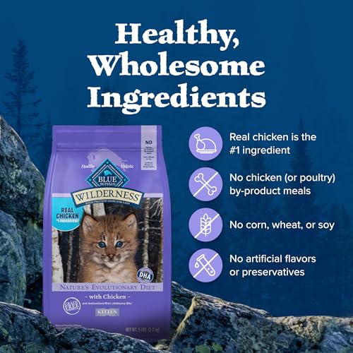 Image of Blue Buffalo Wilderness Natural Kitten Dry Cat Food, with DHA and ARA to Support Brain and Eye Development, High-Protein and Grain-Free Diet, Chicken, 2-lb Bag (Pack of 6)