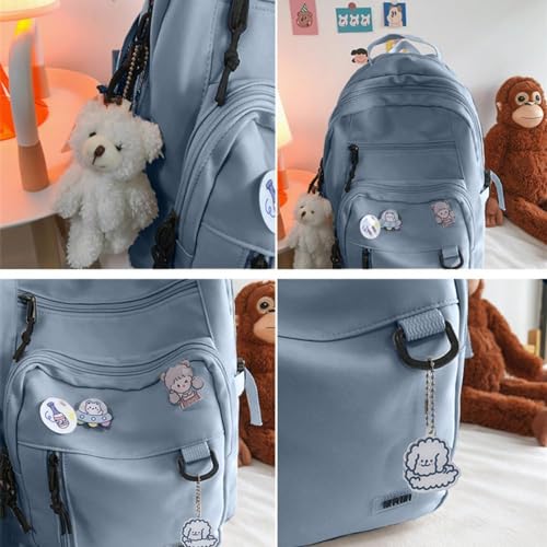 Kawaii Japanese Aesthetic Cute School Kids Backpack, Preppy Korean Large Capacity Fashion with Kawaii Bear Pendant Pins Schoolbag (Blue)3