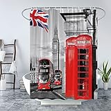 London Shower Curtain Red Telephone Booth in Street Romantic City Scenery Old Street Big Ben Vintage Traditional Local Cultural England UK Flag Retro Fabric Bathroom Curtain Set 70x70IN with Hooks
