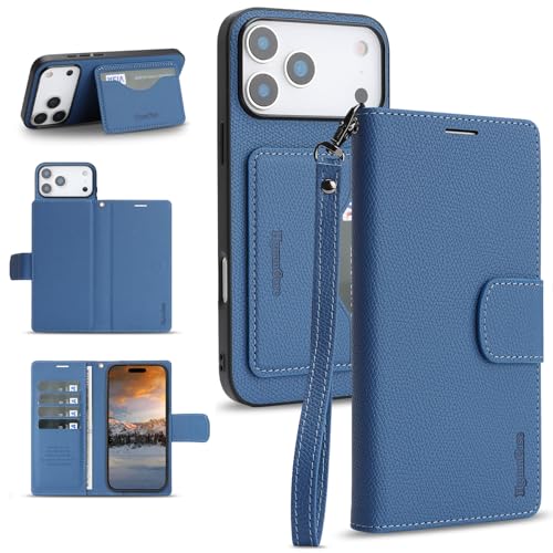 2in1 RFID �X�g���b�v�t�� iPhone 17 Pro Max �p �P�[�X �蒠�^ PU���U�[ �J�[�h���[ 5�� �J�����ی� �ϏՌ� �}�O�l�b�g �A�C�t�H��17�v���}�b�N�X �J�o�[ (�u���[)