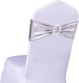 50 Pack Stretch Spandex Metal Silver Chair Sashes for Wedding Chair Bows Bands with Slider Buckles Fitting Party Feast Banquet Restaurant Event Bridal Baby Shower Decorations
