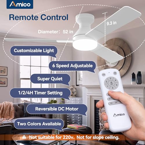 Image of Amico Ceiling Fans with Lights, 52 inch Low Profile Ceiling fan with Light and Remote Control, Flush Mount, Reversible, 3CCT, Dimmable, Noiseless, White Ceiling Fan for Bedroom, Indoor /Outdoor Use