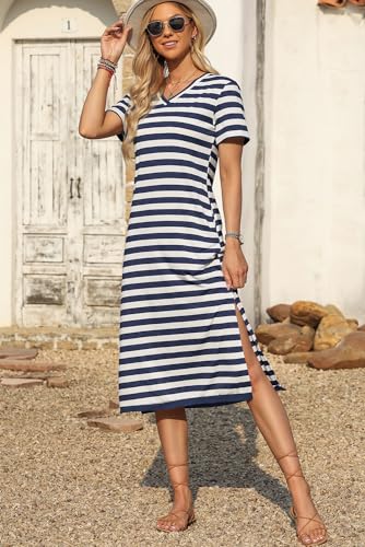 MARZXIN Women 2025 Casual Maxi Dress Short Sleeve V Neck Stripe Sundress Split Loose Long Summer Tshirt Activewear Dress4