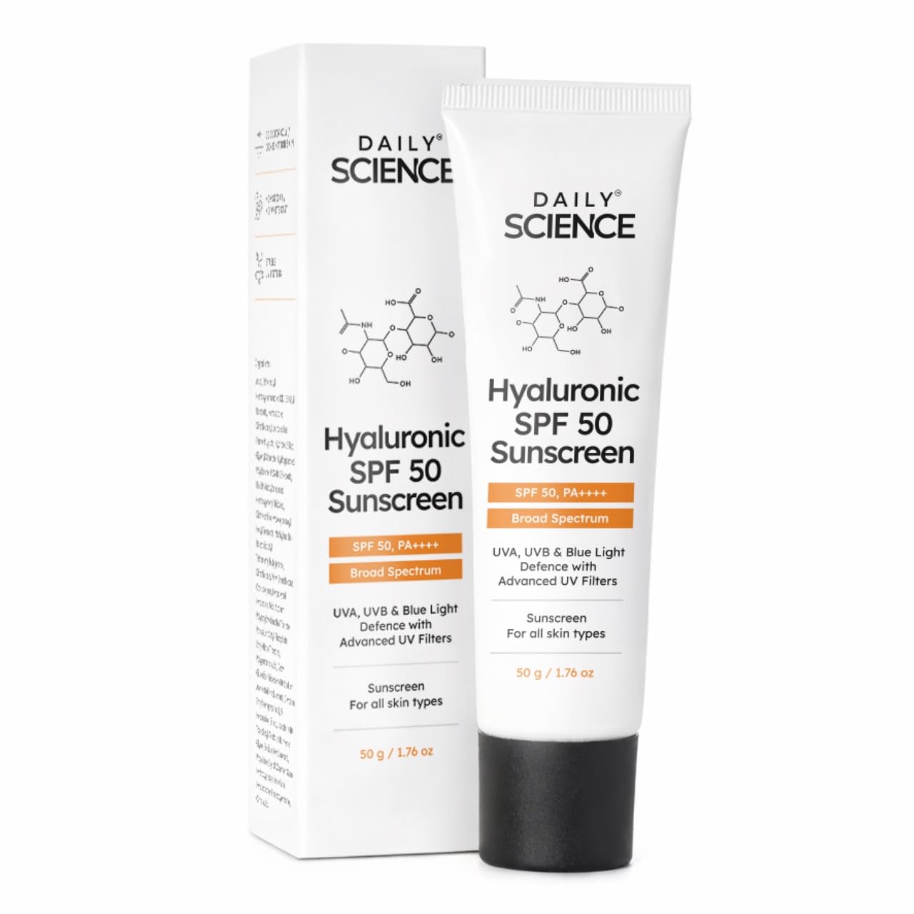 Daily Science Hyaluronic SPF 50 Sunscreen with Advanced UV Filters | Broad Spectrum Sun, UVA, UVB, Blue Light Protection, SPF 50 & PA++++, 50 g (Pack of 1)-image-17