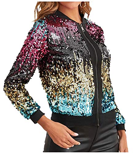 KEDERA Womens Sequin Jacket Casual Long Sleeve Front Zip Party Bomber Blazer