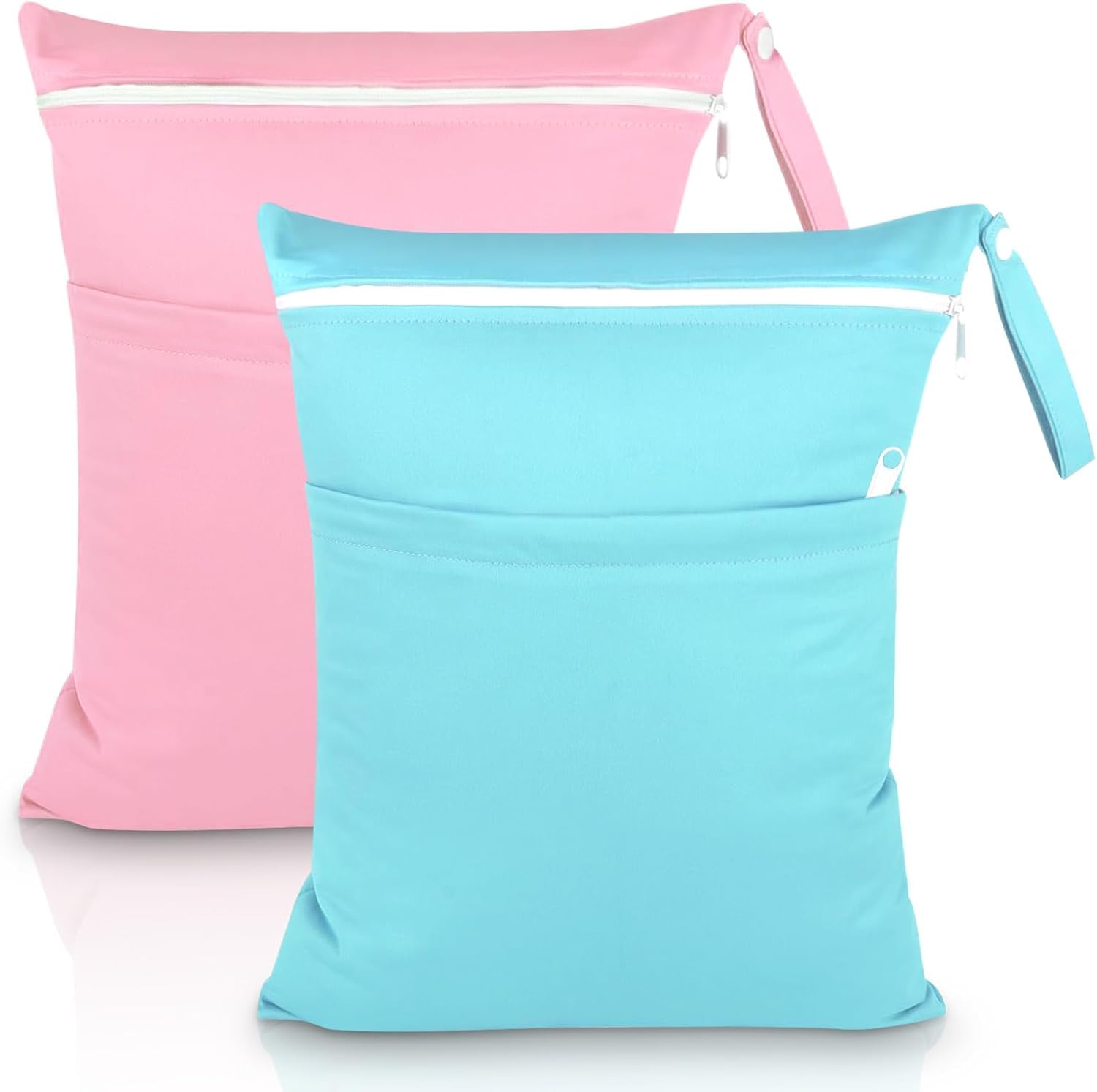 Yoolly 2 Packs Wet Bag, Waterproof Wet Dry Bags, Reusable Washable Cloth Diaper Bags, Nappy Bag with Double Zipper Pockets for Baby Items Swimming Camping Travel Beach Pool Bag (Pink+Blue)