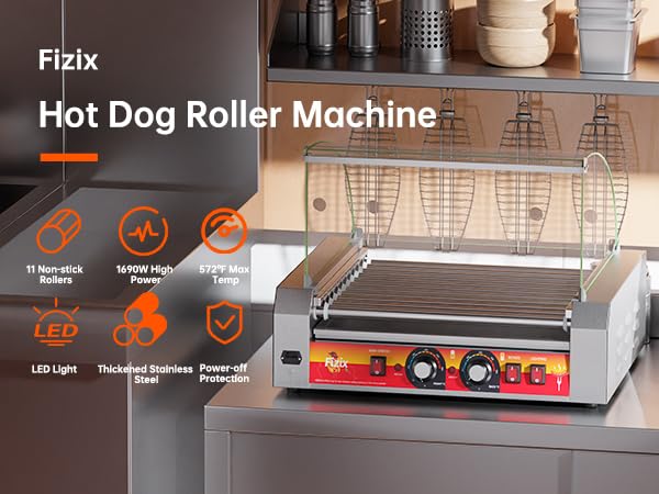 Image of 1670W Commercial Hot Dog Rollers,11 Rollers 30 Hotdog Roller Grill,Stainless Steel Hot Dog Machine with Dust Cover,Hot Dog Roller Machine with Dual Temp Control and Led Light (Red)