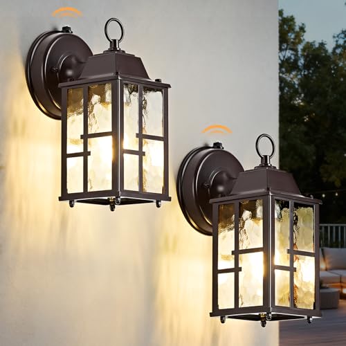 Image of 2-Pack Dusk to Dawn Outdoor Wall Lights, Weatherproof Exterior Lighting Fixture Wall Mount, Aluminum Ripple Glass Porch Light, Anti-Rust Outside Wall Sconce for House, Garage(Brown)