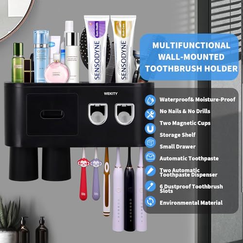 Wekity Multifunctional Wall-Mounted Toothbrush Holder, Automatic Toothpaste Dispenser Space Saving Toothbrush and Toothpaste Holder, with 2 Cups and Drawers Cosmetic Organizer (Black 2 Dispensers)