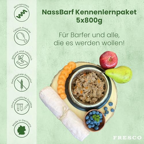 FRESCO Dog NassBarf PROBIERPAKET 5 x 800g | Hundefutter Nass getreidefrei aus Pferd, Lamm, Rind, Huhn & Pute | Mono-Protein & 80% Frischfleisch | Nassfutter für Hunde | Aus Deutschland