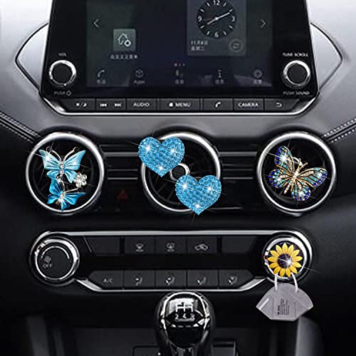 Image of Blue Butterfly & Heart Air Vent Clips, 4 Pcs Bling Butterfly Car Air Fresheners Vents Clips Car Diffuser Diamond Car Interior Decor Cute Car Accessories Car Decoration for Women +Sunflower Mask Hook
