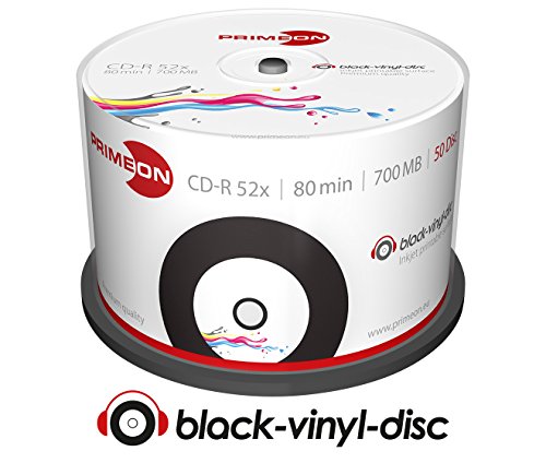 Primeon Cd-R 80Min / 700 Mb / 52X Cakebox (50 Discos) Superficie-Vinil-Disco Negro, Imprimible Por Chorro De Tinta Cover