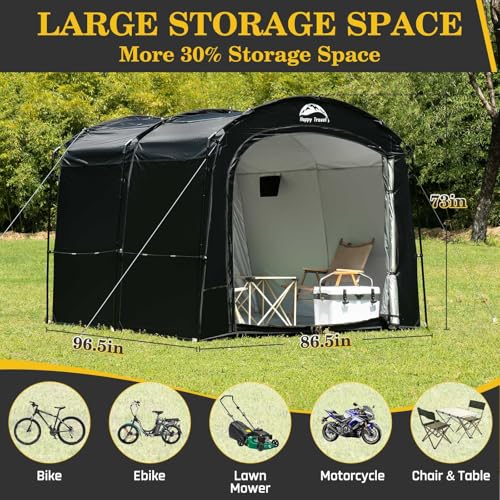 Image of Happy Travel Bike Storage Tent, Outdoor 8x7x6.3ft Large 2-in-1 Portable Shed More 30% Top Space W /Double Doors with Mesh, Outside Lawn Mower Shelter and Bicycle Cover for Patio Furniture, Garden Tools