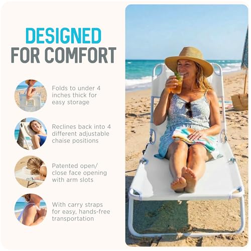 Image of Ostrich 72 by 22 Inch Versatile Chaise Lounge Portable Reclining Lounger, Outdoor Patio, Beach, Lawn, Camping, or Pool Tanning Chair, White