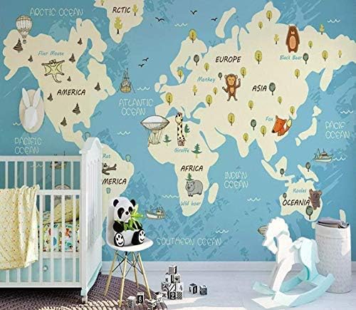 Miniatura 6 de Murwall Kids Map Wallpaper Blue White World Map Wall Mural Cartoon Animals Wall Art Nursery Wall Decor Girls Boys Bedroom Childroom
