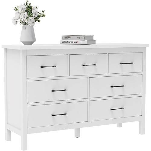 White Dresser for Bedroom, 7 Drawer Wood Double Dresser with Metal Handles, Wide Chest of Organizer Storage Drawers for Living Room, Hallway, Entryway