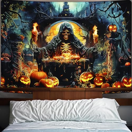 Invoibler Halloween Skull Tapestry Horror Pumpkin Tapestries Goth Witch Tapestry Moon Night Tapestry Misty Forest Tapestry Wall Hanging For Bedroom thumb #3