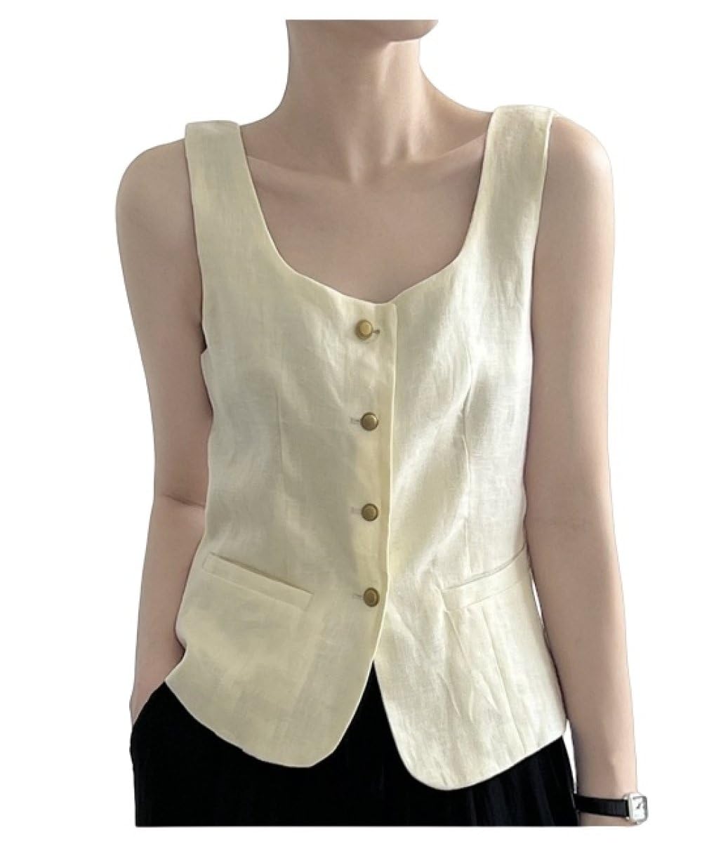 Gilet da Donna in Puro Lino con Scollo Quadrato, Canottiera Abbottonata, Gilet da Ufficio, Gilet Senza Maniche, Giacca Blazer, Gilet, Camicetta Estiva, Canotta.