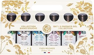 Yves Rocher Bath & Shower Gels Collection, pack of 6 scents. Bourbon Vanilla, Coconut, Wild Algae & Sea Fennel, Meadow Flower & Heather, Mango & Coriander, Raspberry & Peppermint. Sulfate-Free & Colorant-Free . 50ml each.