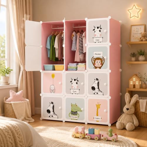 Image of Mevigo Foldable Plastic Wardrobe for Clothes - 12- Door Baby Cupboard for Clothes Storage, Wardrobe for Kids, Plastic Almirah, Collapsible Wardrobe for Kids Livingroom & Home (Pink-KTE1, 12- Door)