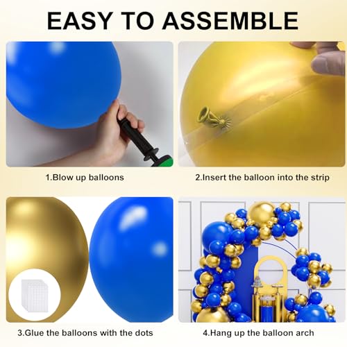 Image of YMSZ Royal Blue and Gold Balloons Garland Arch Kit, 134pcs Metallic Gold and Blue Balloons for Birthday, Baby Shower, Anniversary, Graduation Party Decorations