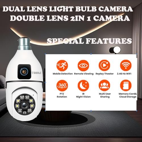 Image of DDLC 4MP Dual Lens Light Bulb Security Camera: Innovative 2-in-1 Double Lens WiFi Camera with 360 PTZ View, AI Motion Tracking, Full Color Night Vision, Siren Alarm (Dual Lens Light Bulb)