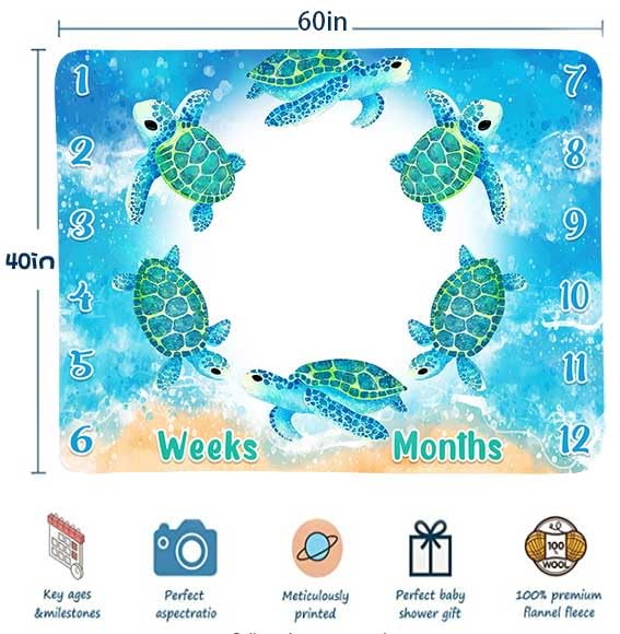 Image of Turtle Milestone Blanket Blue Sea Life Baby Blanket Beach Newborn Gift with Week Months Swaddling Bag 60x40in BTYHFH046