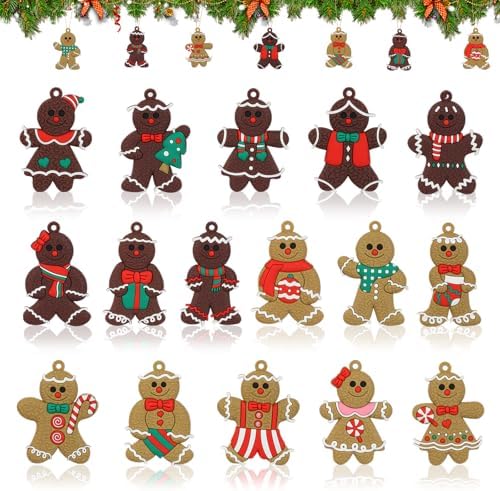 16 Pcs Gingerbread Man Ornaments for Christmas Tree, Soft Silicone Christmas Decorations, 3 Inch Adorable Gingerbread Figurines for Xmas Tree Hanging Decor, Gift Tags & Party Favors (16 Designs)