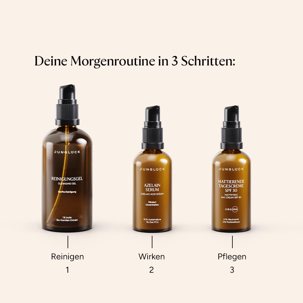 JUNGLÜCK Set Unreinheiten mindern SPF 30 | Reinigungsgel + Azelain Serum + Mattierende Tagescreme SPF 30 – klärt, beruhigt & schützt vor UV