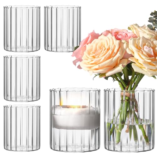 ComSaf 6pcs Mini Glass Cylinder Vases 3.9 Inch Tall, Small Vase for Flowers, Short Ribbed Vases for Centerpieces, Clear Hurricane Glass Candle Holders for Table Party Home Decor