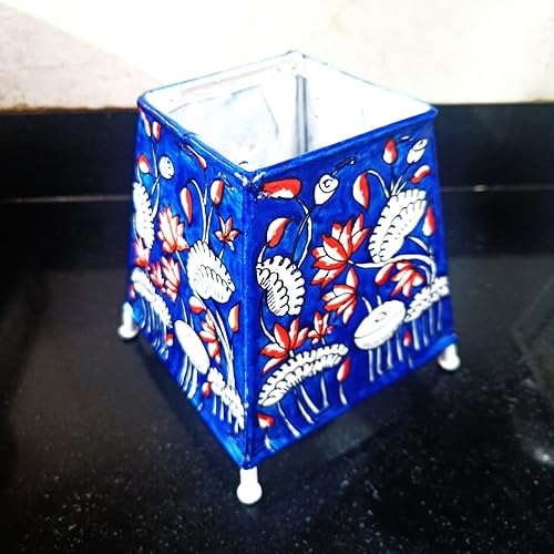 Image of Andhra Leather Craft Lamp Shade, Small (6 inch x 4 inch / Set of 1) - Blue Floral (Square) 2 meter wire with bulb holder and socket included - Handpainted Leather Table Lamp: Tholu Bommalata