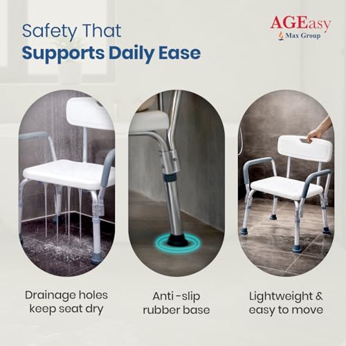 Image of AGEasy (Max Group) Safesit Shower Chair for Seniors | Adjustable Bath Stool with Padded Armrests & Back | Shower Chair with Removable Back & Height Adjustable Legs for Bathroom, Bathtub
