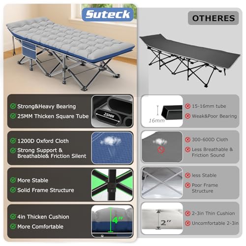 Image of Suteck Camping Cot, 32In XXL Folding Camping Cot Heavy Duty Sleeping Bed for Adults 1200D Double Layer Oxford Cots for Camping W /Pilllow Mattress Carry Bag for Home Office Travel