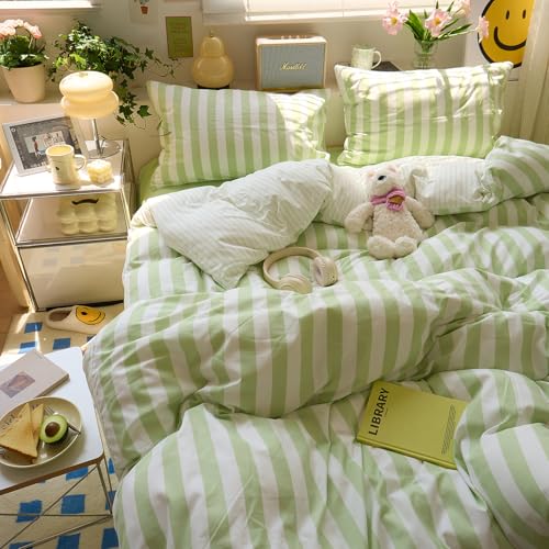 Image of Green Striped Comforter Set Twin XL, 3 Piece Aesthetic Stripes Pattern Printed Comforter with 2 Pilliwcases, Soft Breathable Farmhouse Striped Bedding Comforter Lightweight Twin XL Comforter Set
