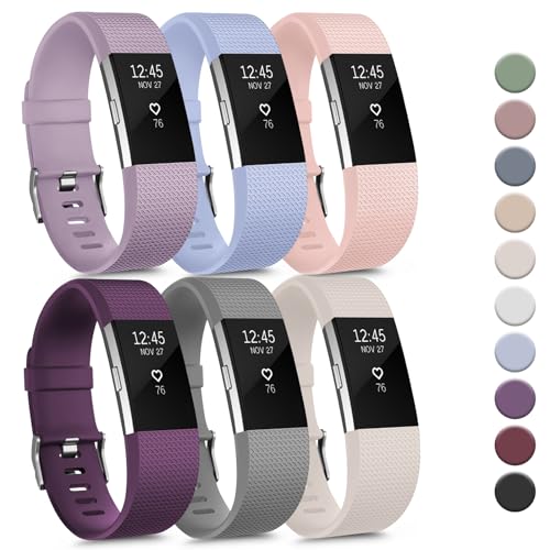 Tobfit 6 PACK Sport Bands Compatible with Fitbit Charge 2 Bands for Women Men Soft Silicone Waterproof Straps Replacement Wristbands for Fitbit Charge 2 / Charge 2 HR Fitness Tracker Small
