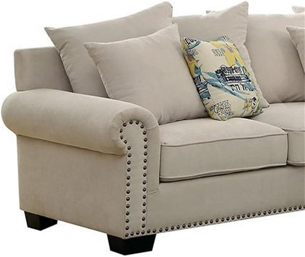 Pemberly Row Fabric Sectional Sofa, Beige Polyester Upholstery, Nailhead Trim, Rolled Armrests, Tapered Block Legs, 19.5 in Seat Height, 22 in Seat Depth, Toss Pillows Included, Living Room Seating