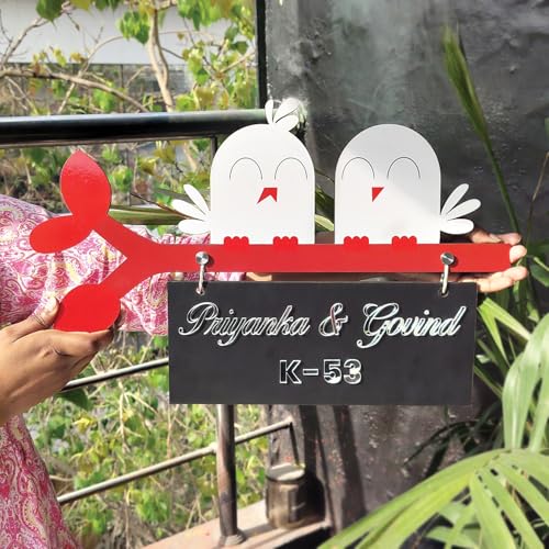 Image of Love Birds Hanging Nameplate for Home Entrance | Customized Name Plate with MDF & Acrylic | Decorative Wall Name Plate for Indoor Use