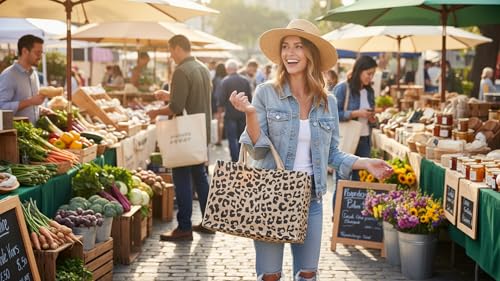 Image of KAF Home Jute Market Tote Bag with Handles, Leopard, Kaf Jute Market Tote