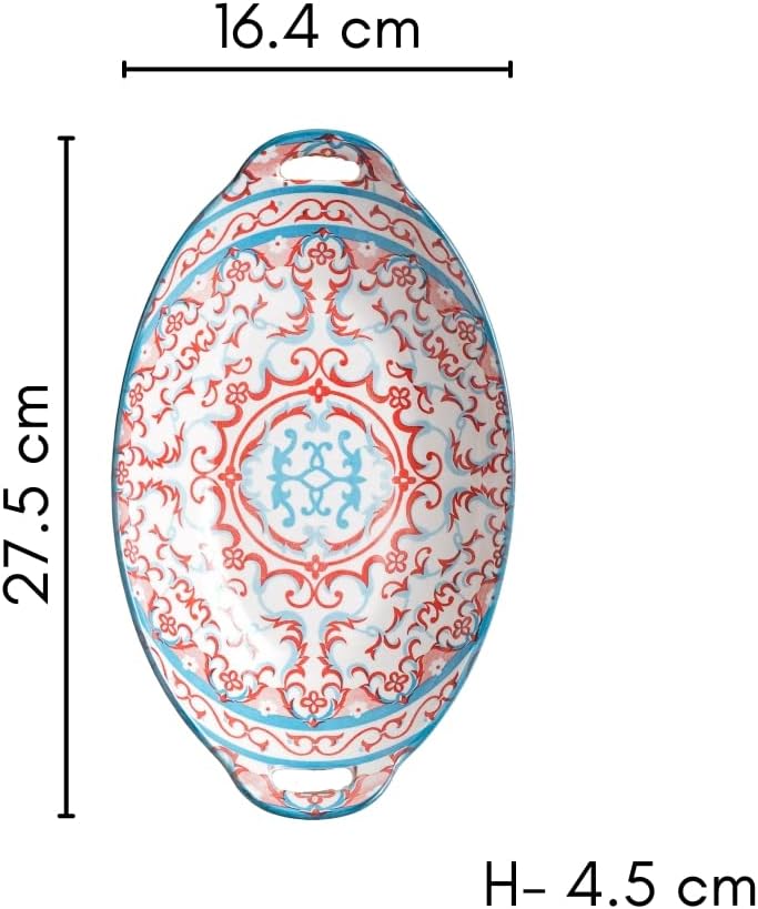 Nestasia Red and Blue Mandala Ceramic Long Dish With Handles For Serving Snacks, Appetizers, Salads, and Noodles| Microwave Safe, Dishwasher Safe (10.8 Inch)